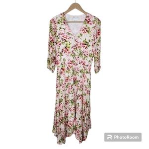 J. Jill White Pink Pebble Hydrangea Elastic Waist Asymmetrical Hem Dress Sz S